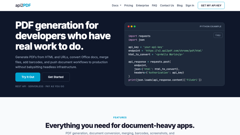 Screenshot of Api2Pdf - PDF Generation, Powered by AWS Lambda homepage