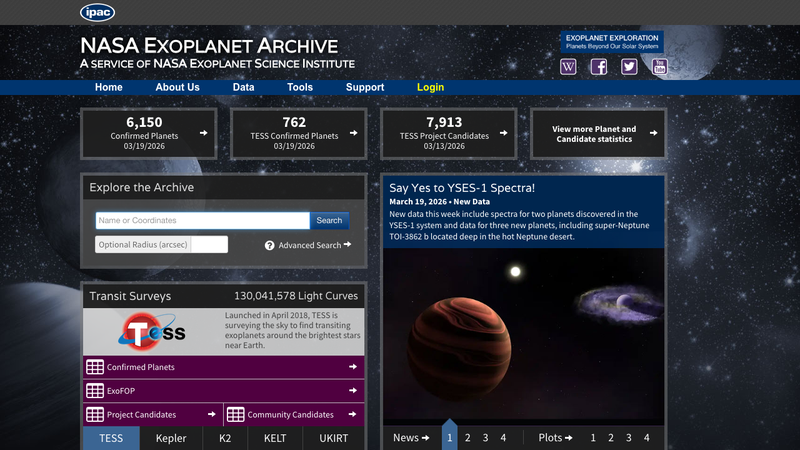 Screenshot of NASA Exoplanet Archive API homepage