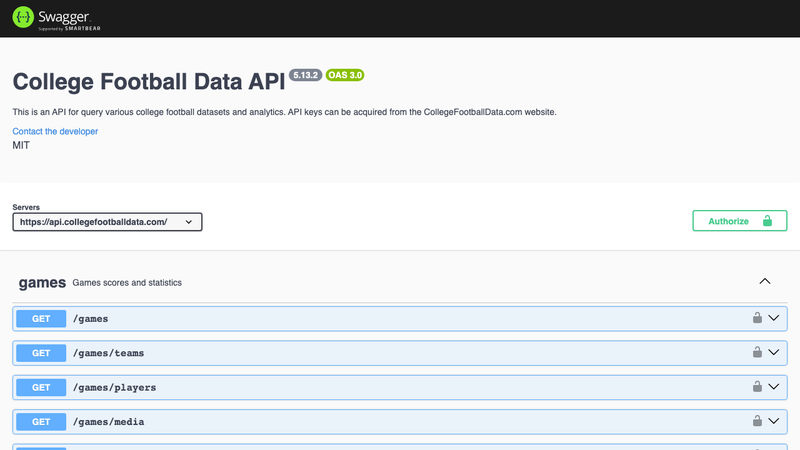 Screenshot of College Football Data API homepage