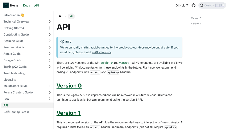 Screenshot of Forem API V1 homepage