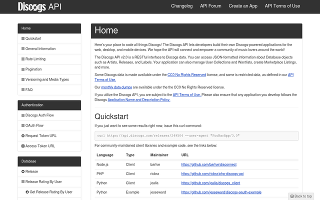 Screenshot of Discogs API homepage