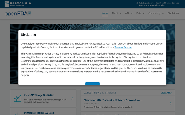 Screenshot of FDA Device API homepage