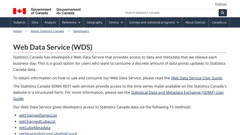 Screenshot of Statistics Canada API homepage