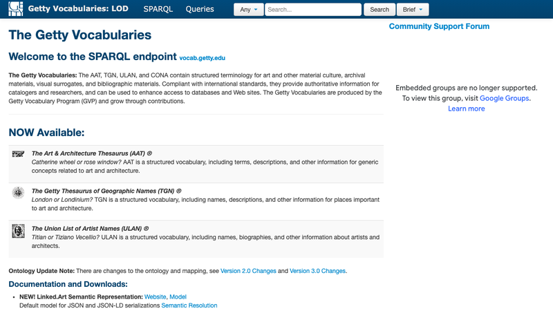 Screenshot of Getty Vocabularies API homepage