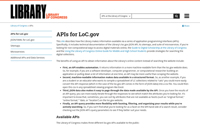 Screenshot of Library of Congress APIs homepage