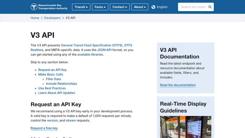 Screenshot of Boston MBTA Transit homepage