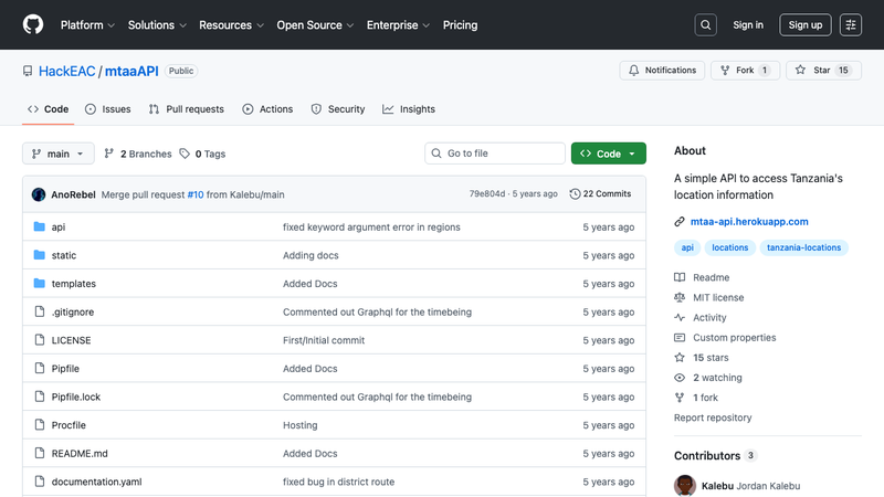 Screenshot of Mtaa API Documentation homepage