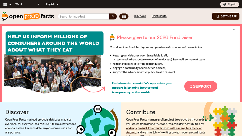 Screenshot of Open Food Facts API homepage
