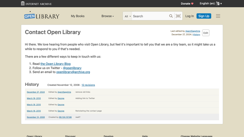 Screenshot of Open Library API homepage