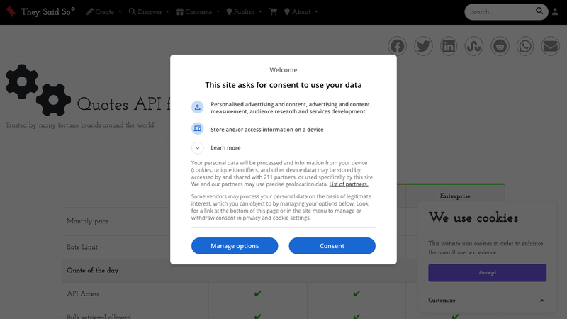 Screenshot of They Said So Quotes API homepage