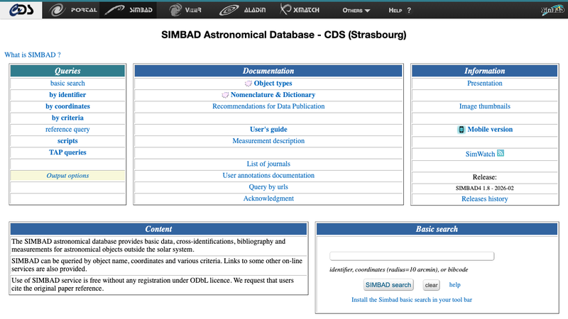 Screenshot of SIMBAD Astronomical Database API homepage