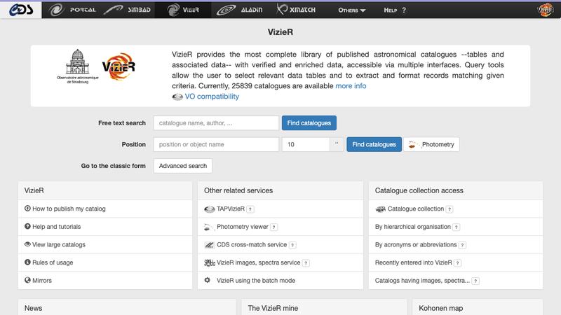 Screenshot of VizieR API homepage
