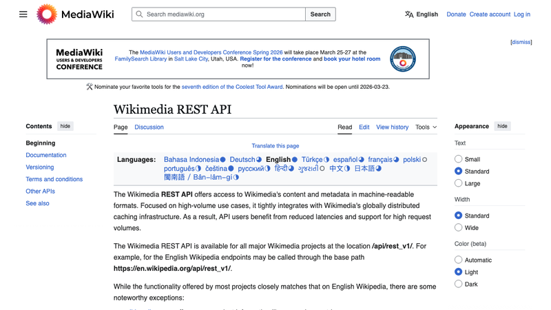 Screenshot of Wikipedia REST API homepage