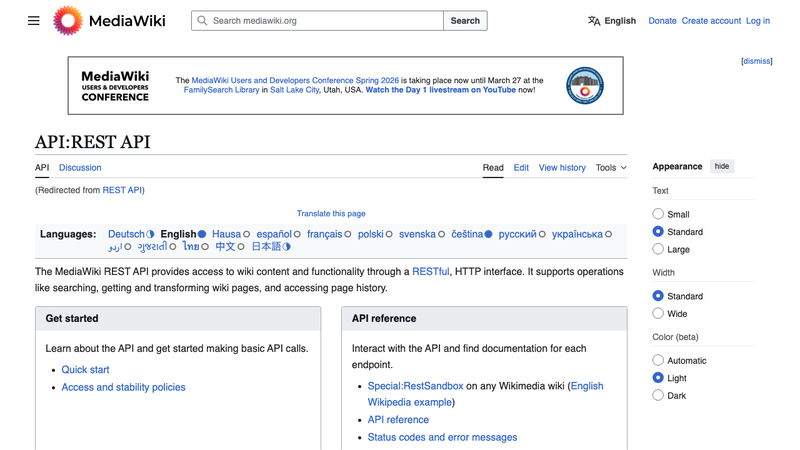 Screenshot of Wikipedia REST API homepage