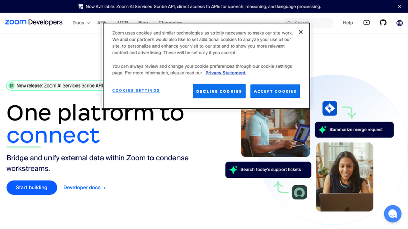 Screenshot of Zoom API homepage
